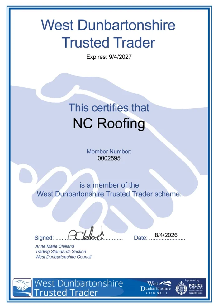 West Dunbartonshire Trusted Trader certificate awarded to NC Roofing